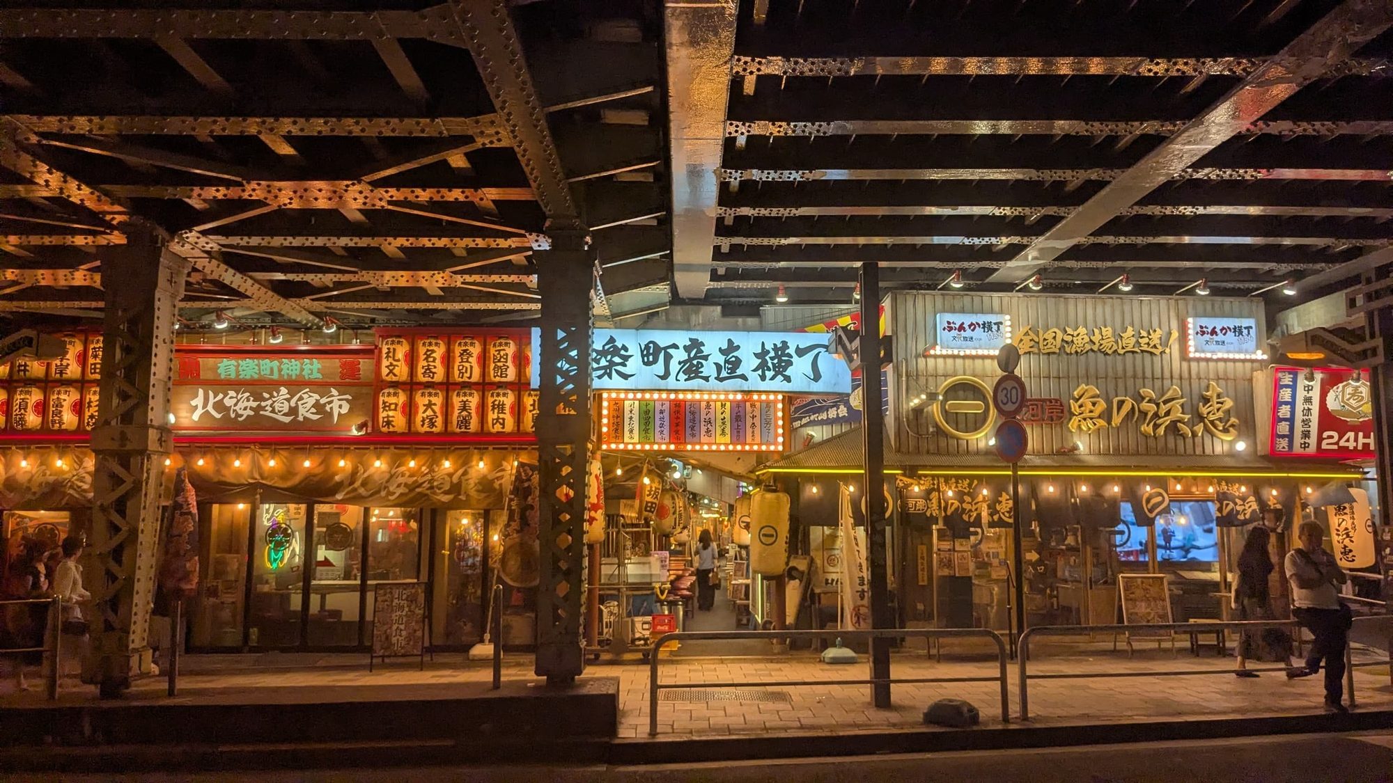 Neon-lit izakaya alley under the railway in Shimbashi at night