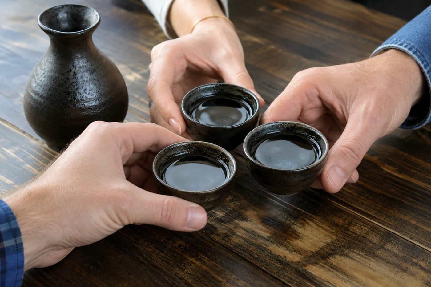 Hands holding small sake cups next to a black flask