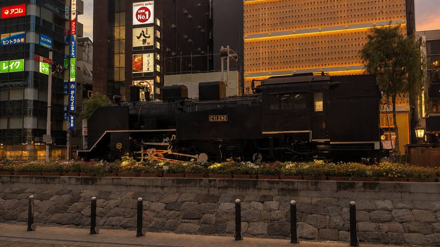 The steam locomotive at SL Square in front of Shimbashi Station